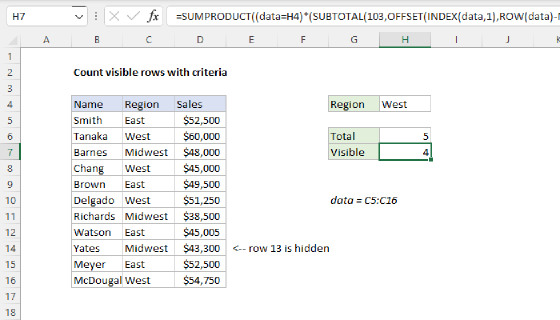 Excel Count visible rows with criteria