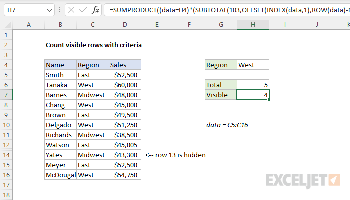 Count visible rows with criteria
