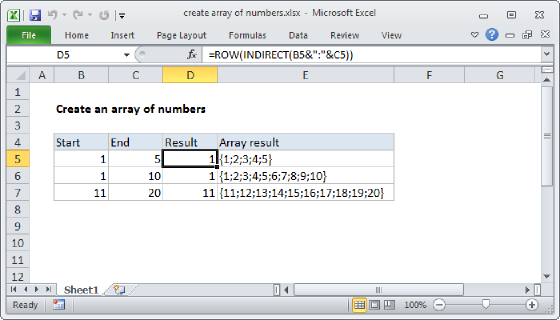 Excel Create array of numbers