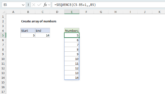 Excel Create array of numbers