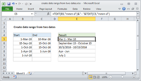 Excel Create date range from two dates