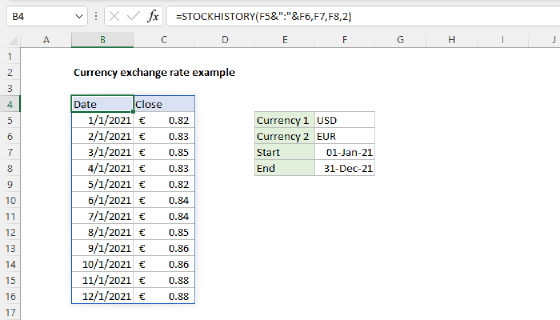 Excel Currency exchange rate example