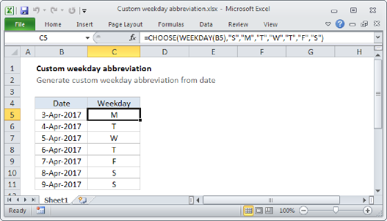 Excel Custom weekday abbreviation