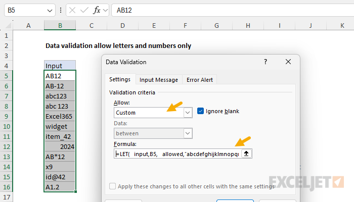 Data validation dialog with custom formula