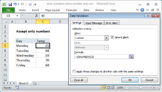 Excel Data validation allow numbers only