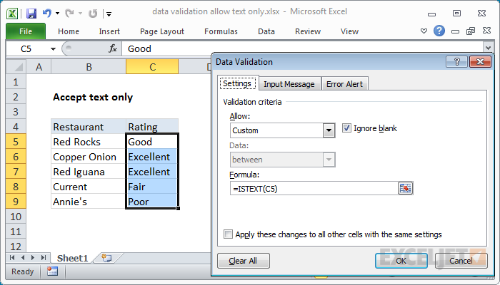 Data validation allow text only