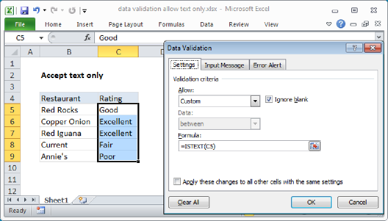 Excel Data validation allow text only
