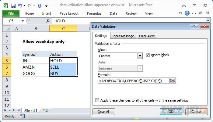 Data validation allow uppercase only