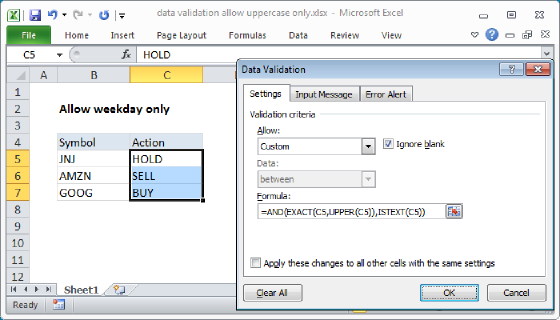 Excel Data validation allow uppercase only