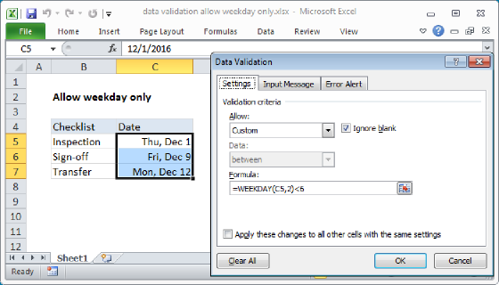 Excel Data validation allow weekday only