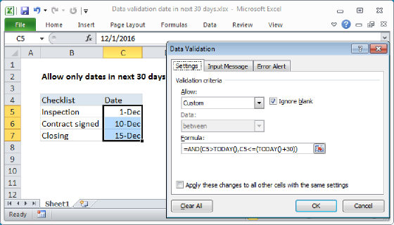 Excel Data validation date in next 30 days