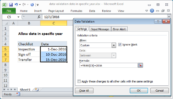 Excel Data validation date in specific year