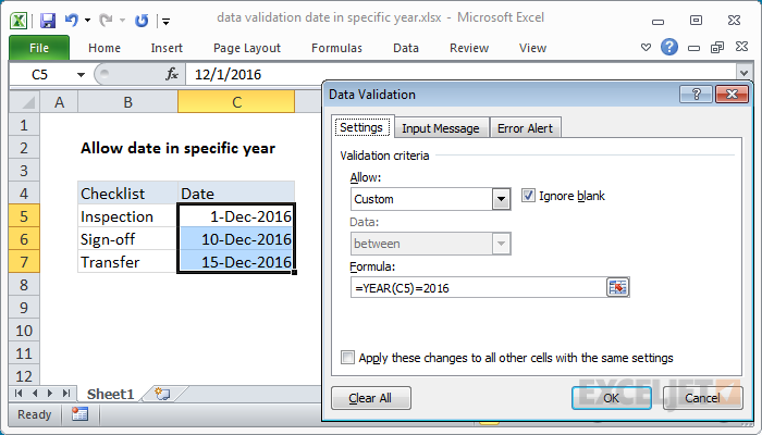 Data validation date in specific year