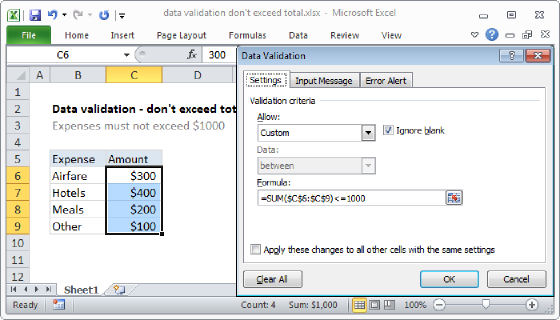 Excel Data validation don't exceed total