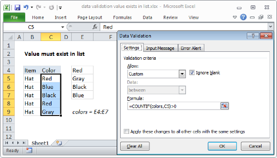 Excel Data validation exists in list