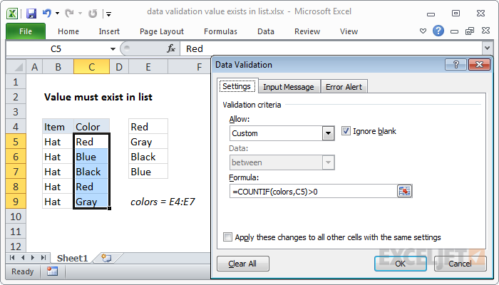 Data validation exists in list