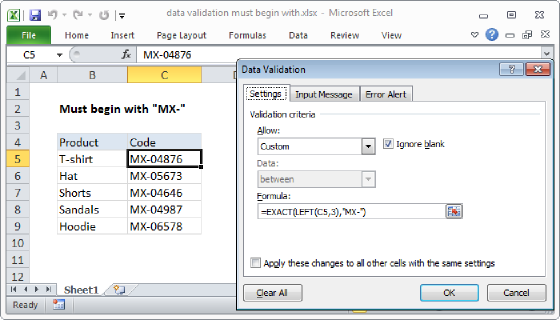 Excel Data validation must begin with