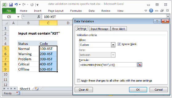 Excel Data validation must contain specific text