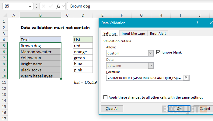 Data validation must not contain
