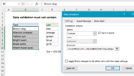Excel Data validation must not contain