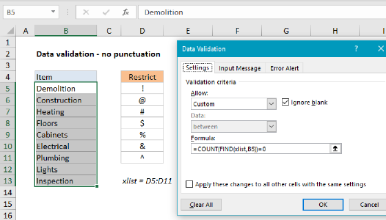 Excel Data validation no punctuation