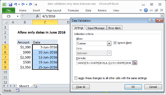 Excel Data validation only dates between