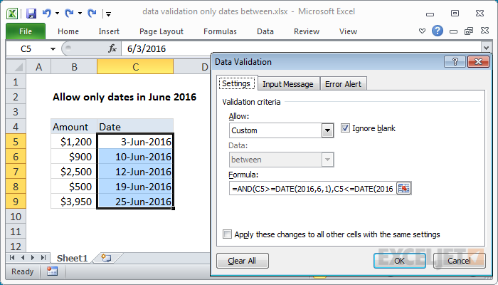 Data validation only dates between