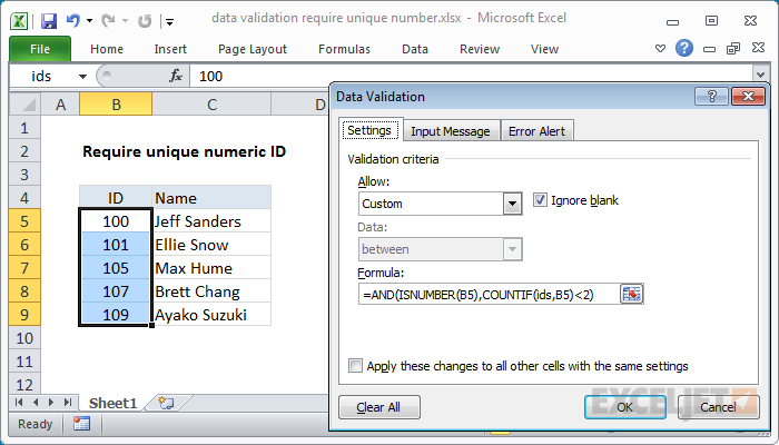 Data validation require unique number
