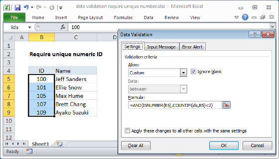 Excel Data validation require unique number