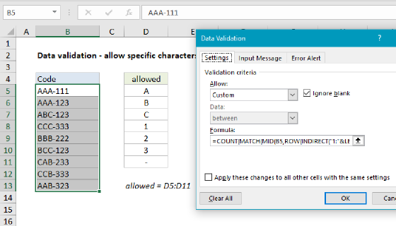 Excel Data validation specific characters only