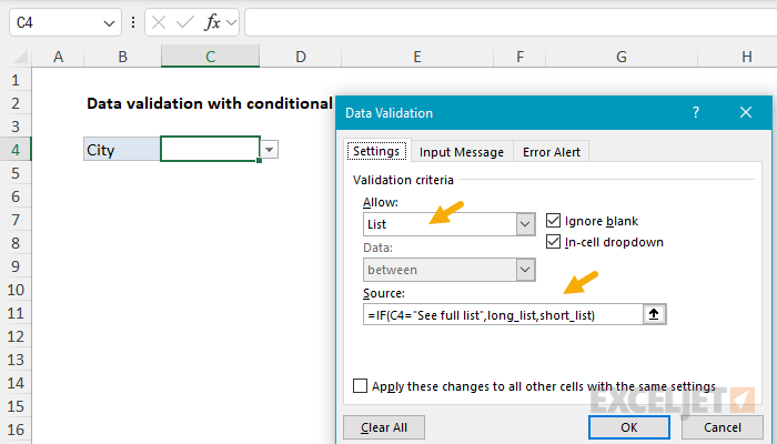 Data validation with conditional list set up