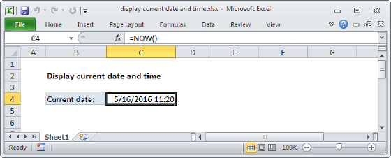 Excel Display the current date and time