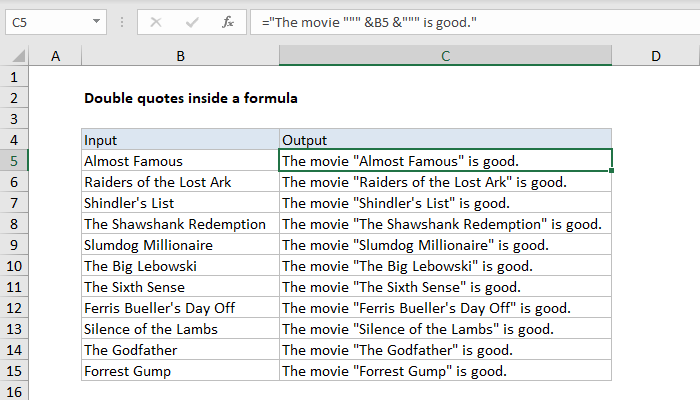 Double quotes inside a formula - Excel formula | Exceljet