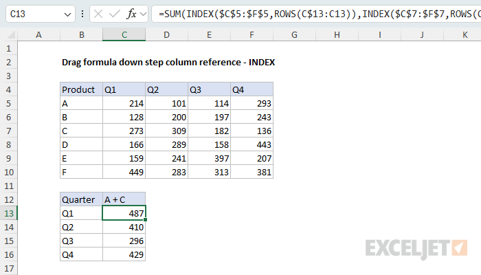 Drag formula down and step column reference with INDEX