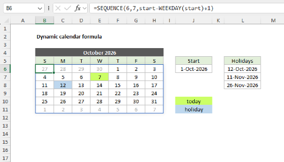 Excel Dynamic calendar formula