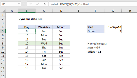 Excel Dynamic date list