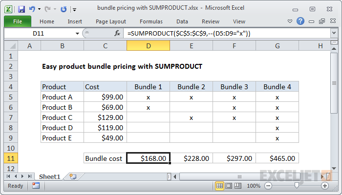 Easy bundle pricing with SUMPRODUCT