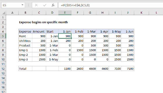 Excel Expense begins on specific month