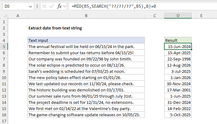 Extract date from text string - Excel formula | Exceljet