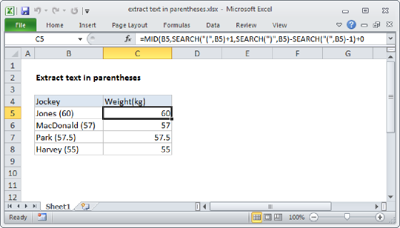 Excel Extract text between parentheses