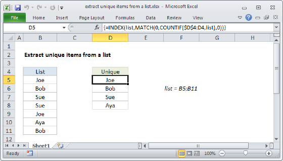 Excel Extract unique items from a list