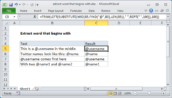 Excel Extract word that begins with specific character