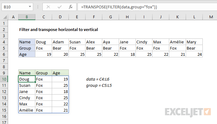 Filter and transpose horizontal to vertical