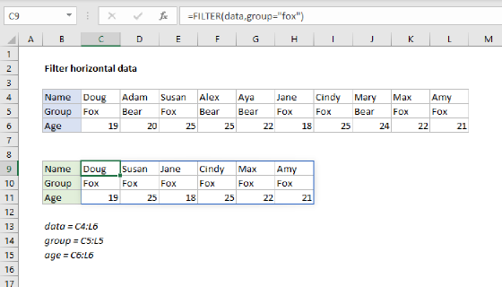Excel Filter horizontal data