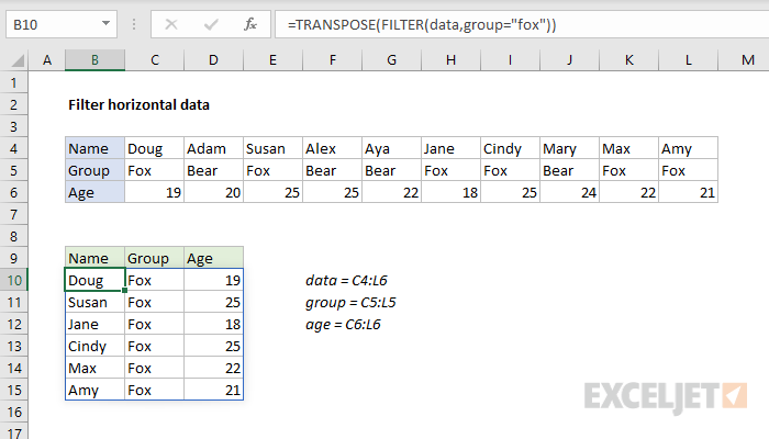 FILTER and TRANSPOSE horizontal data
