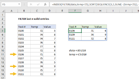 Excel FILTER last n valid entries