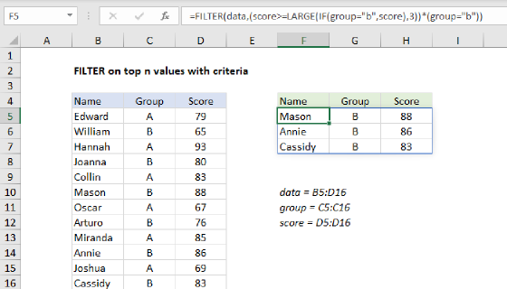 Excel FILTER on top n values with criteria