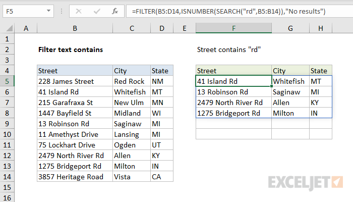 Filter text contains
