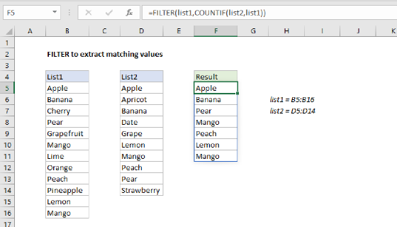 Excel Filter to extract matching values