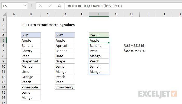 Filter to extract matching values